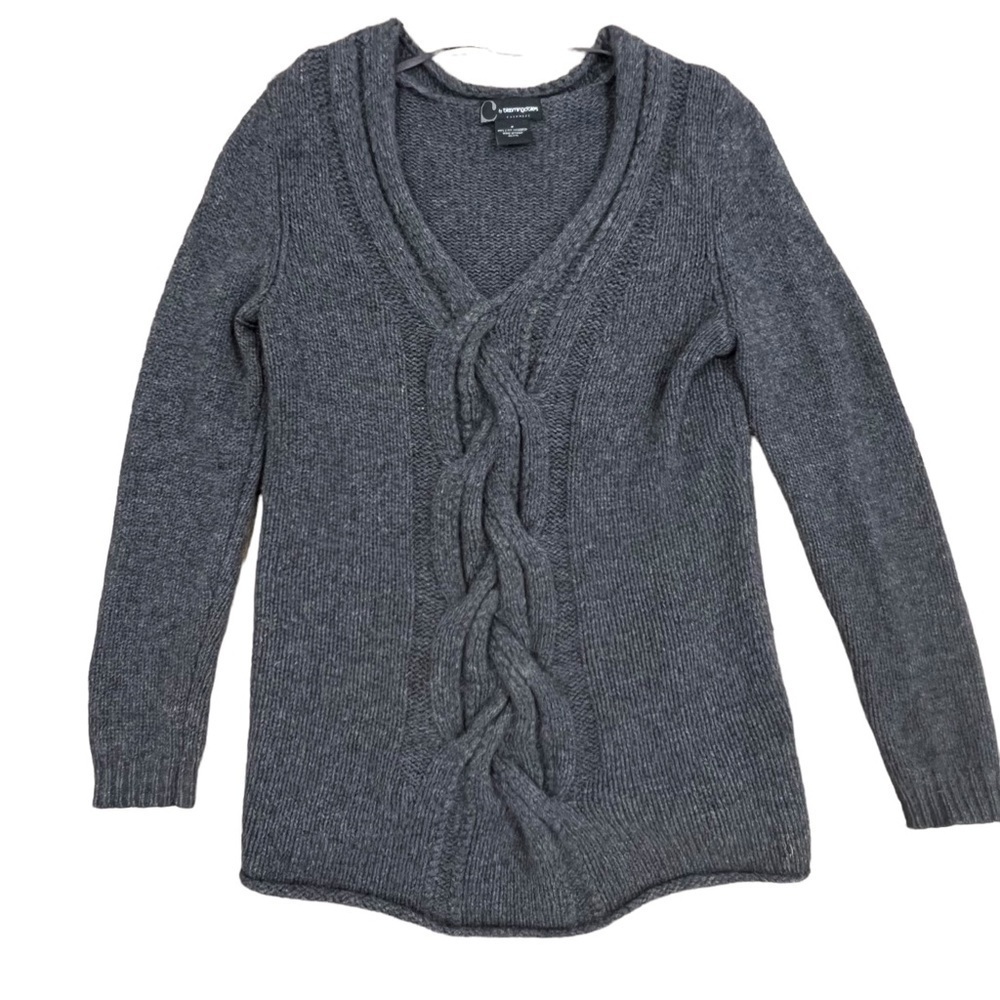 Bloomingdales C Cashmere V Neck Gray Braided Sweater Medium - Picture 5 of 9